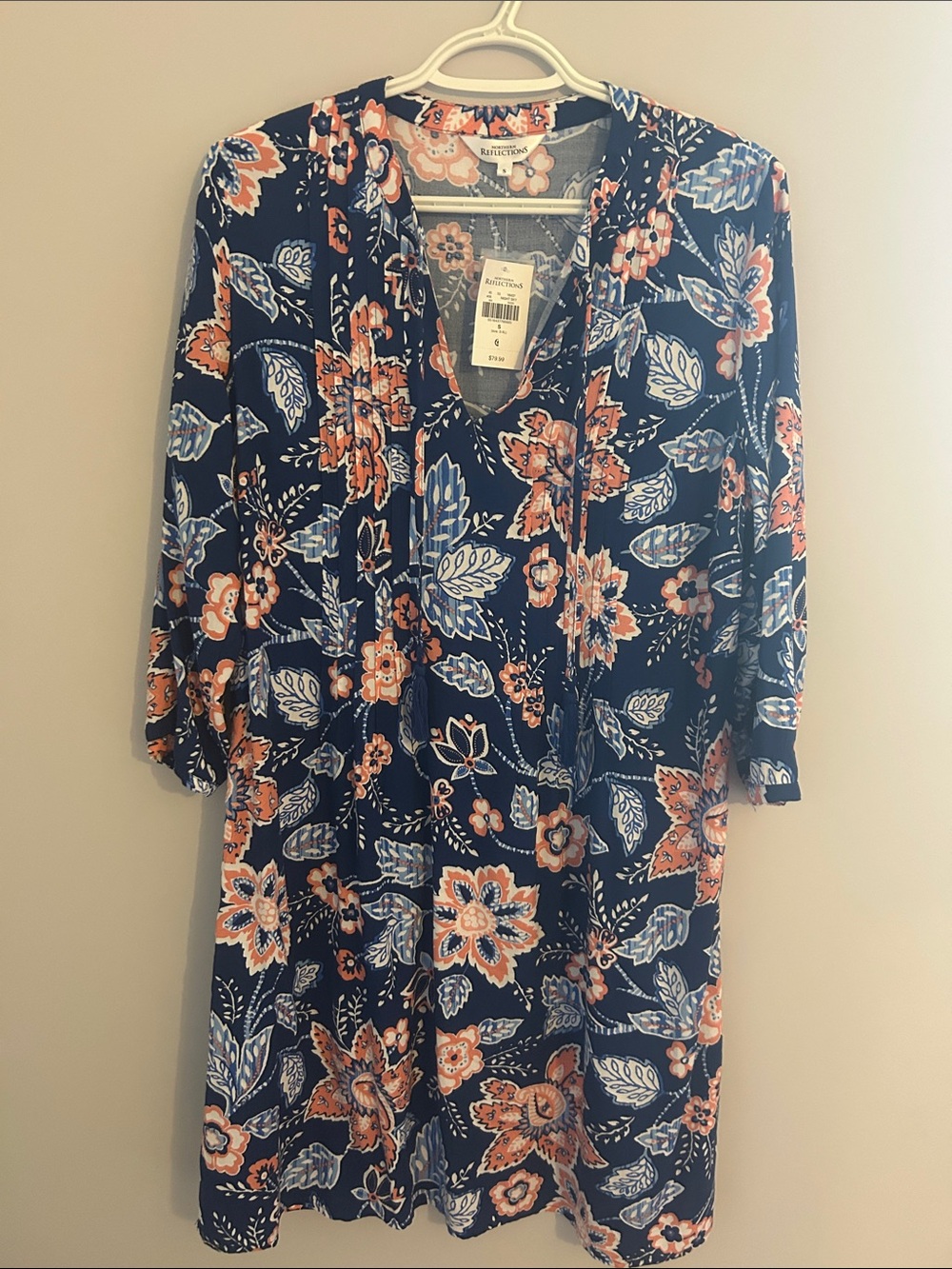 Northern Reflections Navy Floral V-Neck dress with Coral & Light Blue Accents